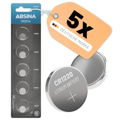 Afbeelding van ABSINA CR1220 Knoopcel 3 V lithium 5 stuks batterij CR 1220 lekvrij en lange houdbaarheid volt voor autosleutel, horloge UVM batterijen, batterijen