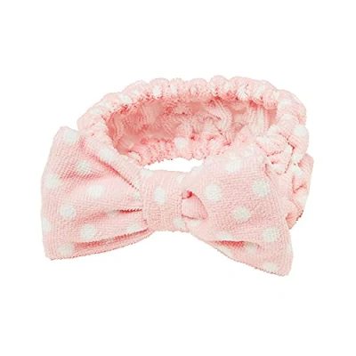 Afbeelding van The Vintage Cosmetic Company Dolly Make up Retro Headband Hold Back Hair Soft Material Keeps Pristine Machine Washable Pink Polka Dot and Bow Design
