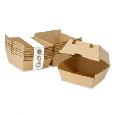 Afbeelding van GREENBOX Take Away Burgerbox, 50 stuks, robuuste hamburgerdozen met hoog klapdeksel, hamburgerbox van kraftkarton, stabiele To Go Burgerverpakking, 13 x 14 8 cm, biologisch afbreekbaar