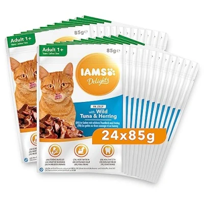 Afbeelding van IAMS Delights Kattenvoer nat met tonijn en haring in gelei, volwaardig natvoer voor volwassen katten, 24 x 85 g zak