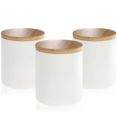 Afbeelding van COM FOUR® 3x keramische voorraadbussen opbergdoos met bamboe deksel veelzijdige koffiecontainer kleine containers voor voedsel (wit 08x09cm 3 stuks)