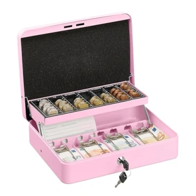 Afbeelding van Relaxdays geldkistje met slot, bakje voor euromunten &amp; briefgeld, geldkluis ijzer HBD 8,5 x 30,5 24,5 cm, roze