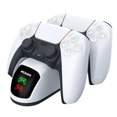 Afbeelding van NexiGo DOBE Nieuwste PS5 controlleroplader, dubbel oplaadstation met LED indicator, hoge snelheid, voor Playstation 5 DualSense controller, wit