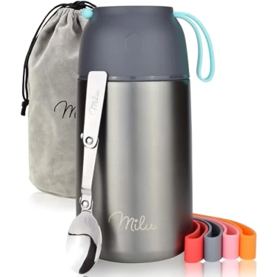 Afbeelding van Milu® Thermos Voedselcontainer met Lepel 450 ml, 650 800 ml RVS Thermosbeker, Thermo Lunchbox, Babyvoeding, Container om eten warm te houden, Thermische Lunchpot, Muesli To Go / Yoghurt Beker Go, Grijs, 800ml