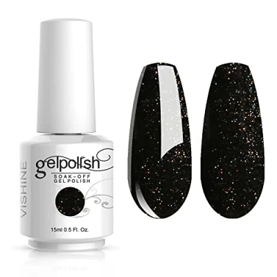 Afbeelding van Vishine Nagellak, semi permanent, soak off, UV, LED, nail art, manicure, basislak, glitter, zwart (367)