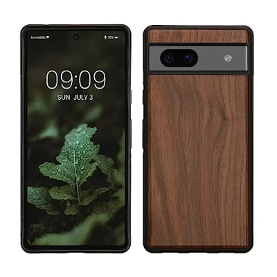 Afbeelding van kwmobile telefoonhoesje geschikt voor Google Pixel 7a Hoesje met bumper in donkerbruin Backcover walnoothout