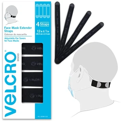Afbeelding van VELCRO® Merk Gezichtsmasker Extender Straps Comfortabele en Verstelbare Ear Savers Zwart 30,4 cm x 2,5 Set van 4