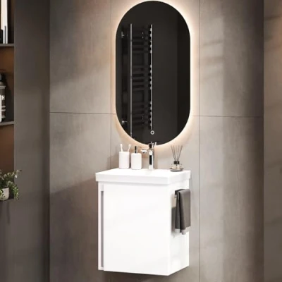 Afbeelding van Planetmöbel Wastafelonderkast in wit 50 cm met wastafel en spiegel, badkamermeubelset voor badkamer gastentoilet