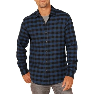 Afbeelding van Amazon Essentials Men&#039;s Geruit flanellen overhemd met lange mouwen en slanke pasvorm (kleuren in beperkte oplage), Zwart Blauw Geruit, L