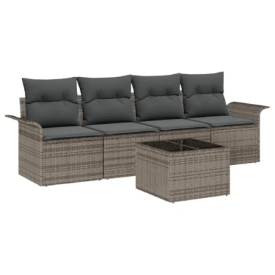 Afbeelding van vidaXL 5 delige Tuin Sofa Set met Kussens Grijs Poly Rattan, 2 Zits Opbergruimte &amp; Rattan
