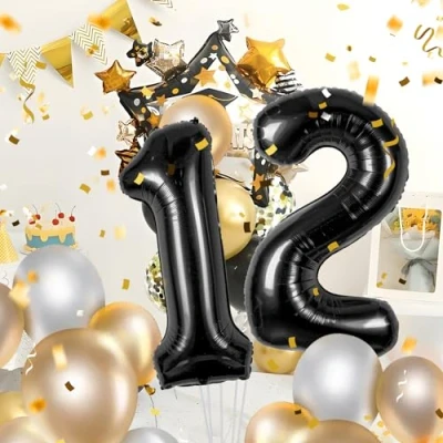 Afbeelding van Ballonnen verjaardag 12 zwart 100 cm ballon cijfer 12, nummer Happy Birthday decoratie, ballonnen, verjaardagsfeest, jaren vliegt dankzij helium