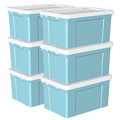Afbeelding van Cetomo Opbergdozen, 90L x 6, plastic opbergdoos met deksels, organiserende container veilige sluitgespen, stapelbaar, nestbaar, draagtas voor thuiskantoorkleding, 6Pack, blauw