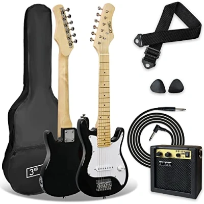 Afbeelding van 3rd Avenue 1/4 formaat elektrische gitaarpakket voor beginnende kinderen, 5W draagbare versterker, kabel, tas, plectrums en gitaarband zwart wit