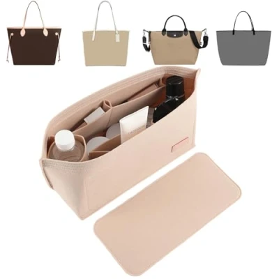 Afbeelding van Doxo tasorganizer en basisvormer, 2 stuks, vilten organizer voor grote draagtassen, met 3 maten rits, geschikt Speedy Neverfull MM meer (beige, maat L, combinatie)