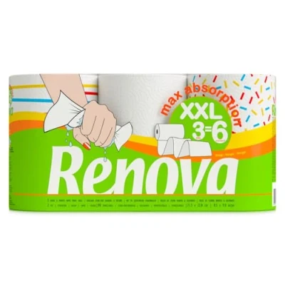 Afbeelding van Renova Maxi absorberende papieren handdoek 3 rollen XXL = 6 standaarden 2 laags wit