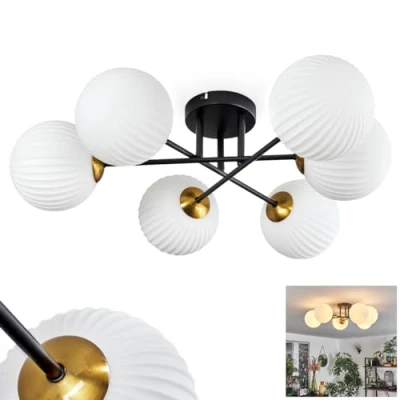 Afbeelding van HOFSTEIN plafondlamp Chehalis, van metaal/geribbeld glas in zwart/goudkleurig/wit, lamp modern retro/vintage design met kappen (Ø 15 cm), 6 x G9, zonder