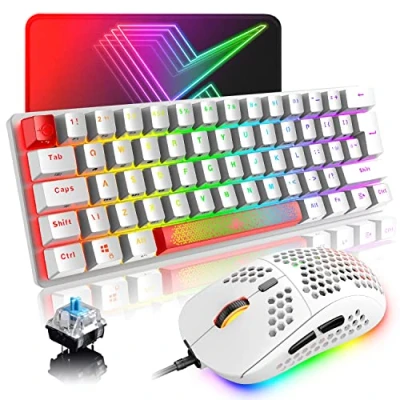 Afbeelding van UK Layout Mechanisch Gaming Toetsenbord RGB 14 Achtergrondverlichting Effecten Mini 62 Toetsen Bedraad Type C + Lichtgewicht 6400 DPI Honingraat Muis Muismat Compatibel met PS4, Xbox, PC, Laptop