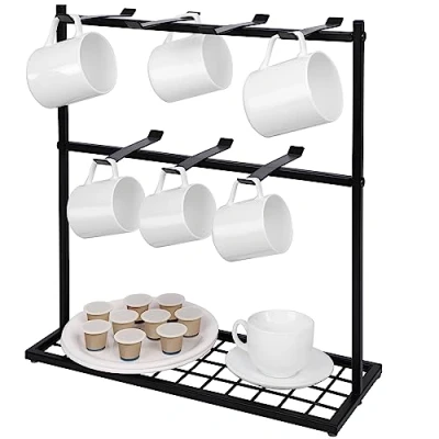 Afbeelding van Belle Vous Koffie Mok Rek Houder met Opslag Basis 40 x 15 41 cm Mok/Kop Balie Standaard 14 Haken Metalen 2 Laags Organizer boom voor Keuken of Thee/Koffie Bar