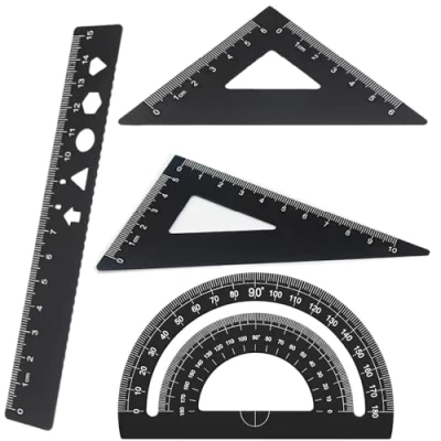 Afbeelding van Metalen liniaal, 4 stuks linialen van wiskundige legering, met 15 cm gradenboog en 2 driehoekige schaal, voor scholieren, leraren, architecten, ingenieurs (zwart)