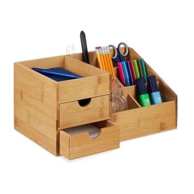 Afbeelding van Relaxdays bureau organizer opbergbak bamboe 2 lades 7 vakken pennenbak kantoor