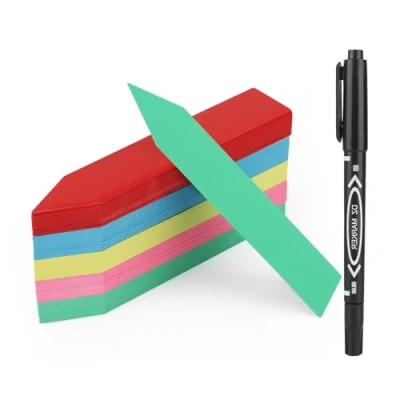 Afbeelding van KINGALE Plantenetiketten en pen voor buitenplanten, 100 stuks plastic plantenmarkers labels, gekleurde tuinplanten naamlabels zaad, kruid, zaailing, groentebloem, potplanten, 10 cm