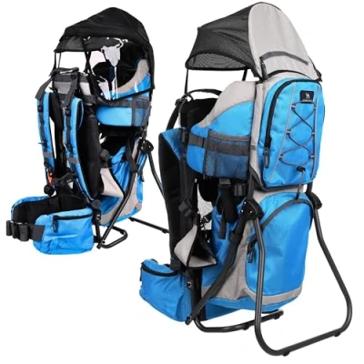 Afbeelding van DROMADER Draagzak Rugzak 12 Maanden Plus Comfortabel voor ouders Praktische zakken Thermische zak Rugdrager peuters met regenhoes en zonnekapschild Blauw