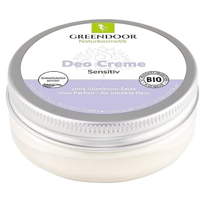 Afbeelding van GREENDOOR Deo crème Sensitiv 50 ml, effectieve natuurlijke deodorant zonder parfum en aluminium, veganistisch, potjes van 100% oude kunststof, met biologische kokosolie virgine,