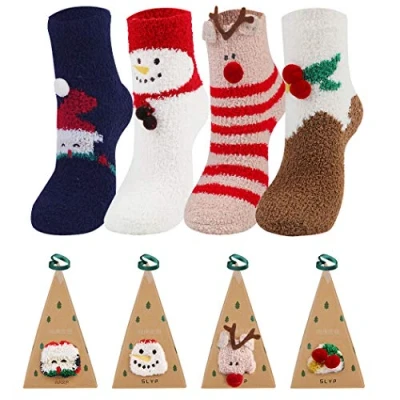 Afbeelding van Joyibay 4 paar kerstsokken, ademende kerstsokken voor dames, warme wintersokken met geschenkdoos, kerstcadeau, sokken, knuffelsokken de kersttijd