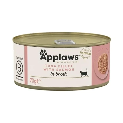 Afbeelding van Applaws 100% natuurlijk nat kattenvoer met premium tonijnfilet &amp; zalm in bouillon 24 x 70g blik
