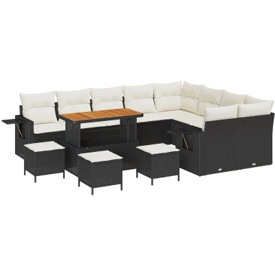 Afbeelding van vidaXL 13 delige tuin sofa set met kussens Zwart Poly Rattan Acacia, 4 eetset Acacia