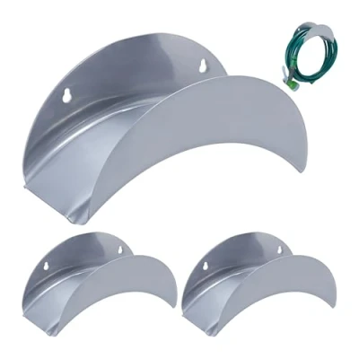 Afbeelding van Relaxdays tuinslanghouder muur, set van 3, voor 30 m 1/2&quot; slang, wandslanghouder metaal, tuinslang ophangsysteem, grijs
