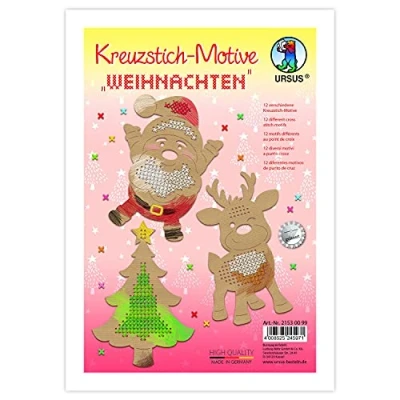 Afbeelding van Ursus 21530099 kruissteekmotieven Kerstmis, 12 kerststickers voor kinderen van bruin kraftkarton, ca. 14 x 20 cm groot, natuur