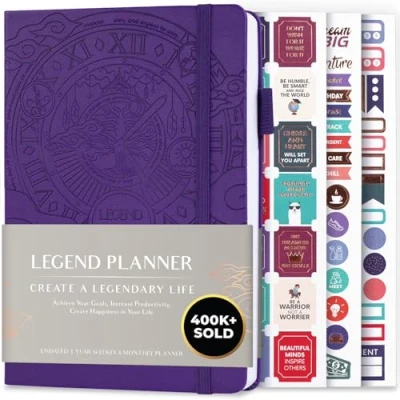 Afbeelding van Legend Planner Deluxe week &amp; maand lifeplanner om uw doelen te bereiken en gelukkiger leven. Organisator Notebook Productiviteitsdagboek. A5 Hardcover, niet gedateerd Starten op elk moment + Stickers (Paars)