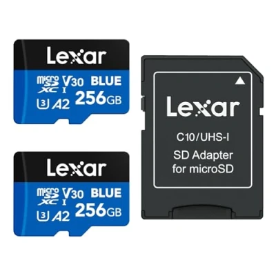 Afbeelding van Lexar Blue Micro SD kaart 256GB 2 Pack, tot 160 MB/s leessnelheid, microSDXC UHS I kaart, klasse 10, U3, V30, A2, Full HD en 4K video, snelle geheugenkaart voor smartphones/tablets/actioncamera&#039;s