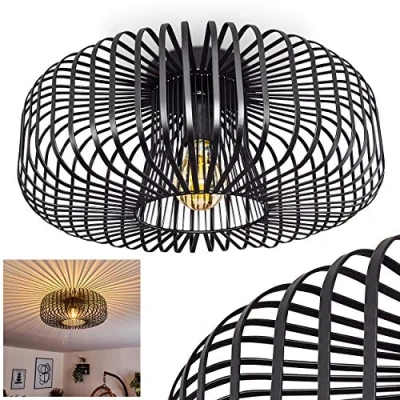 Afbeelding van plafondlamp Wemude, ronde metalen in zwart, 1 x E27 fitting, retro lamp met rastereffect aan het plafond,zonder gloeilamp