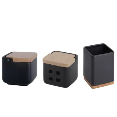 Afbeelding van KOOK TIME Accessoireset voor keuken incl. 1 x zoutpot met deksel en knoflookblik keukengereihouder keramiek matzwart bamboe