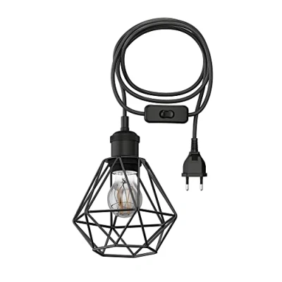 Afbeelding van ledscom.de 3m textiel kabel RETRA, vintage, stekker, schakelaar, zwart, kooi kap + LED lamp 370lm, extra warm wit