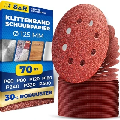 Afbeelding van S&amp;R klittenband schuurpapier set 125 mm 70 stuks: elk 10x P60, P80, P120, P180, P240, P320, P400, 8 gaten, voor vlakschuurmachine
