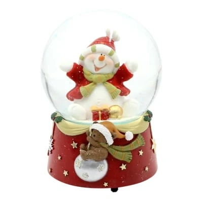 Afbeelding van Sneeuwbol Vrolijke sneeuwpop op rode sokkel met teddyberen, L/B/H/Ø bal 10 x 11 15 cm Ø cm, speelwerk, Melodie Jingle Bells Rock