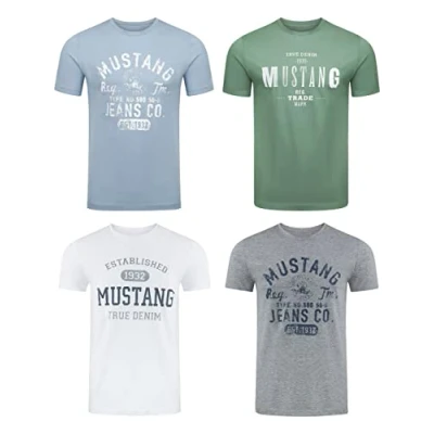 Afbeelding van MUSTANG Heren T Shirt 4 pack frontprint O hals ronde korte mouwen Regular Tee 100% katoen Zwart Wit Grijs Blauw Groen, Kleurmix (P22), XXL