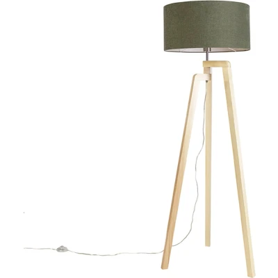 Afbeelding van QAZQA Vloerlamp tripod hout met kap 50 cm groen Puros