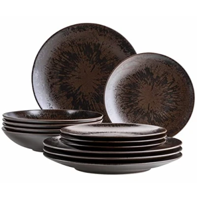 Afbeelding van MÄSER Metallic brons, 12 delig tafelservies voor 4 personen, met elegant glanzend glazuur, bordenset platte borden, soepborden en dessertborden van hoogwaardig keramiek, aardewerk, bruin