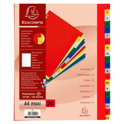 Afbeelding van Exacompta ref. 90E Gekleurde polypropyleen tabbladen met 20 alfabetisch gedrukte tabs van A tot Z in kleur Afdrukbare indexpagina Formaat A4 Maxi Afmetingen: 24,5 x 29,7 cm