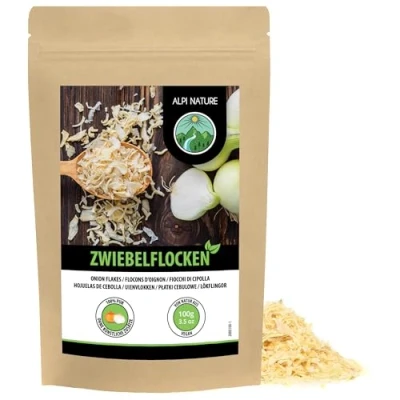 Afbeelding van Gedroogde uienvlokken (100 g), uien gesneden 5 30 mm, stukjes ui, ui gedroogd en gehakt, natuurlijk product, vrij van additieven, ideaal voor groenten, pasta, soepen, vlees vis