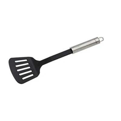 Afbeelding van Fackelmann Sleufspatel 33 cm OVAAL HANDEL, praktische kunststof spatel met ergonomische handgreep van roestvrij staal, keukenhulp voor het koken (kleur: zilver, zwart), hoeveelheid: 1 stuk