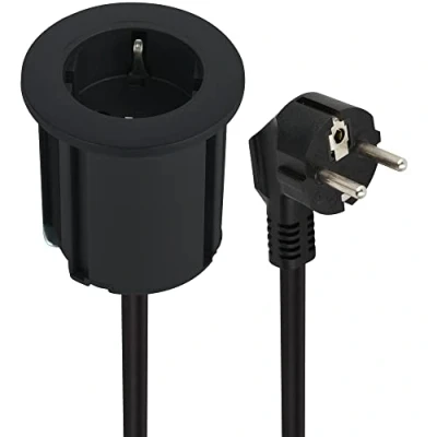 Afbeelding van Electraline 62564 tafelblad Grommet inbouwdoos/tafelcontactdoosstrip/tafelcontactdoos/tafel inbouwdoos Schuko, kabel 2M, D 54mm + Voorzien van adapter voor standaard gaten 60 mm