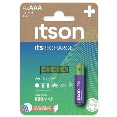 Afbeelding van ITSON, gebruiksklare AAA Pro oplaadbare NiMH batterijen, 800 mAh, verpakking van 4, voor klokken, zaklampen, afstandsbedieningen, HHR03 800IT/4CP