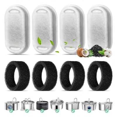 Afbeelding van Kattenfonteinfilter, 4 pack reservefilters voor 3,2 l roestvrij stalen kattenfontein, stuks koolstoffilters en schuimfilter, drievoudige filtering filter drinkfontein van 2 liter