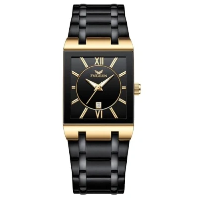 Afbeelding van JewelryWe Mannen Vierkante Tank Horloge: Zwart Analoge Quartz Lichtgevende Handen Roestvrij Staal Band Business Elegante Datum Rechthoekig Multifunctioneel Horloge, Goud