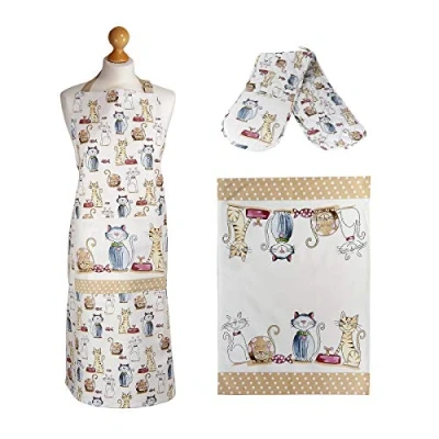 Afbeelding van Set van 3 droogdoeken keuken, keukenschort, dubbele ovenwanten hittebestendig, katoen met kattenmotief, cadeaus voor kattenliefhebbers, Meerkleurig